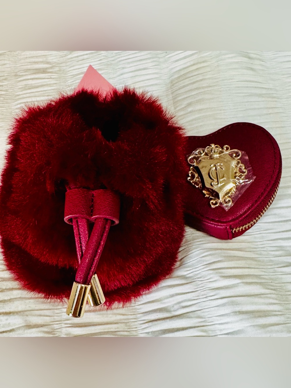 Juicy Couture Crimson Plush Drawstring Wristlet with Gold Crest